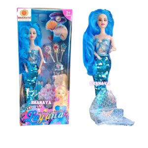SHANAYA Mermaid Dolls for Girls with Colored Hair, Glittering Dress, Wands, Tiara, Earrings and Necklace Styling Accessories, Gift for Ages 3 and Up (Blue)